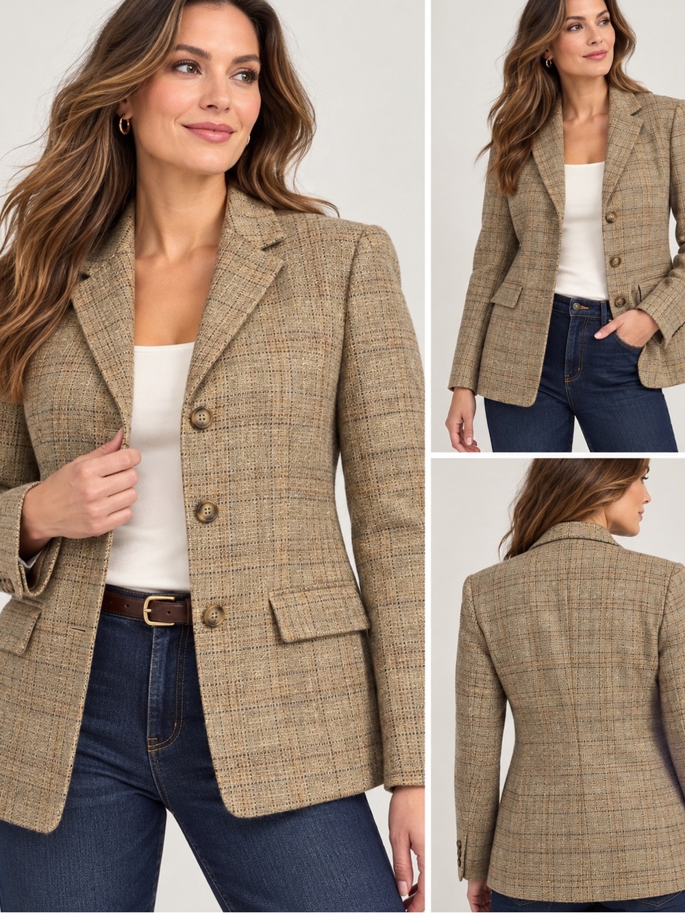 Talbots Petites 100% Wool Plaid Blazer Size 8 Camel Brown Tweed